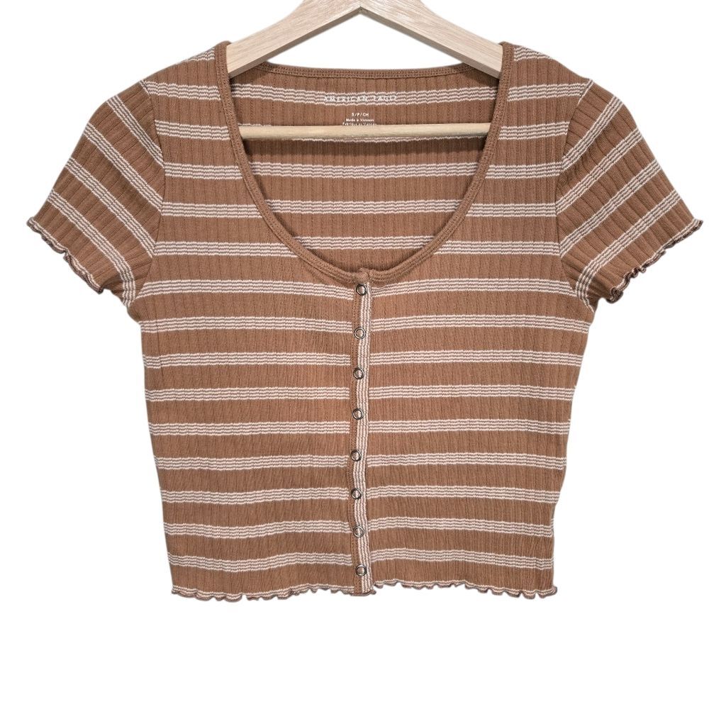 American Eagle Brown Striped Button-Up Crop Top
